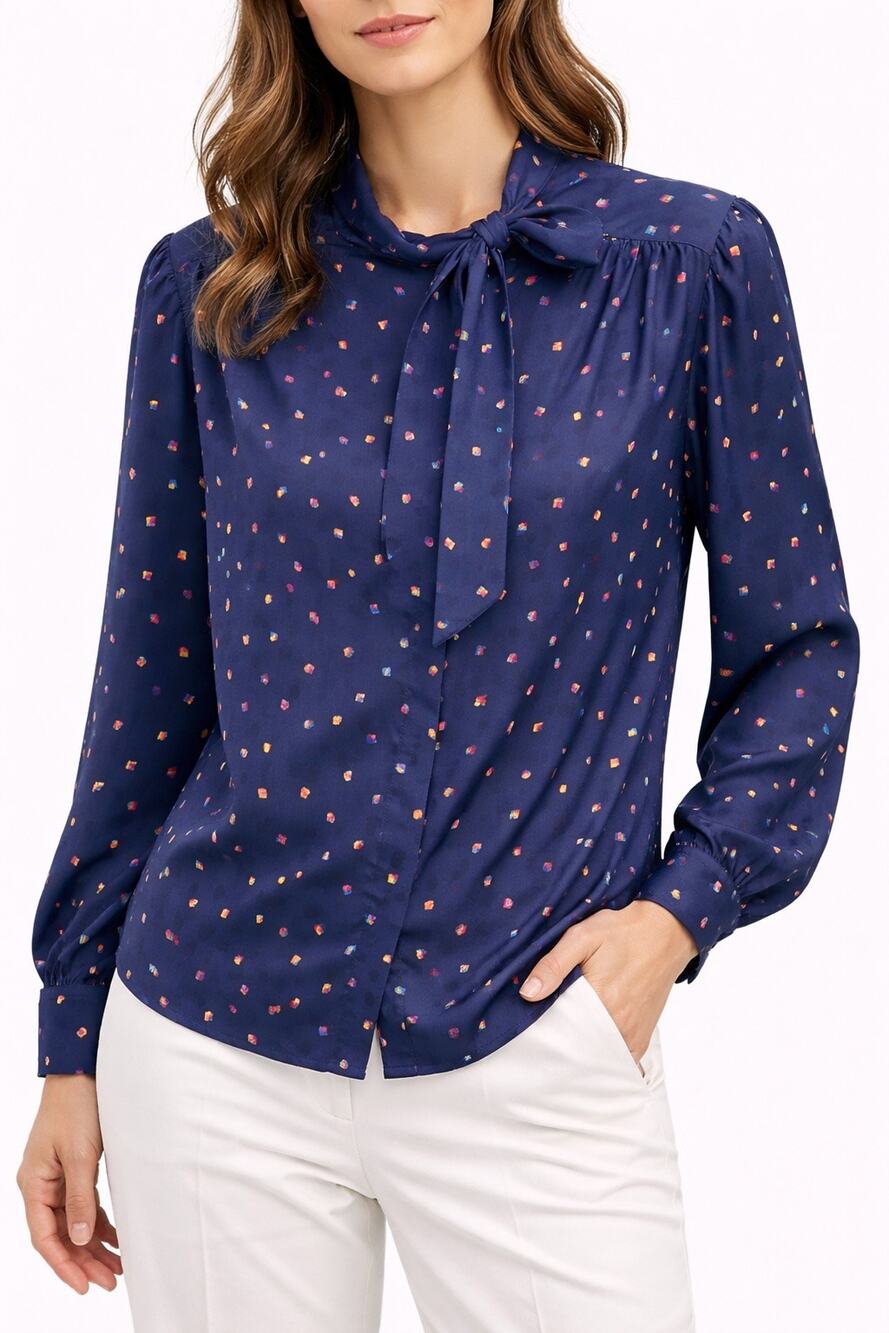 SASSON Vintage Navy Geometric Print Bow Tie Blouse Top Retro Secretary Size 12
